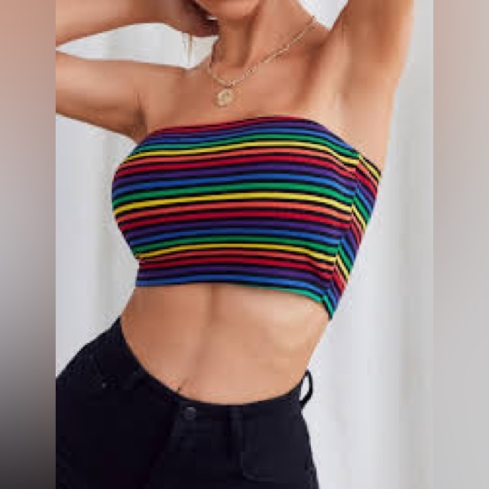 Rainbow & Black Horizontal Striped Colorful Cropped Tube Top. Size S